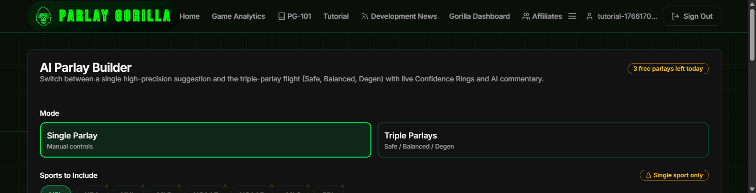 Gorilla Parlay Builder controls showing sport selection, legs slider, and risk profile.