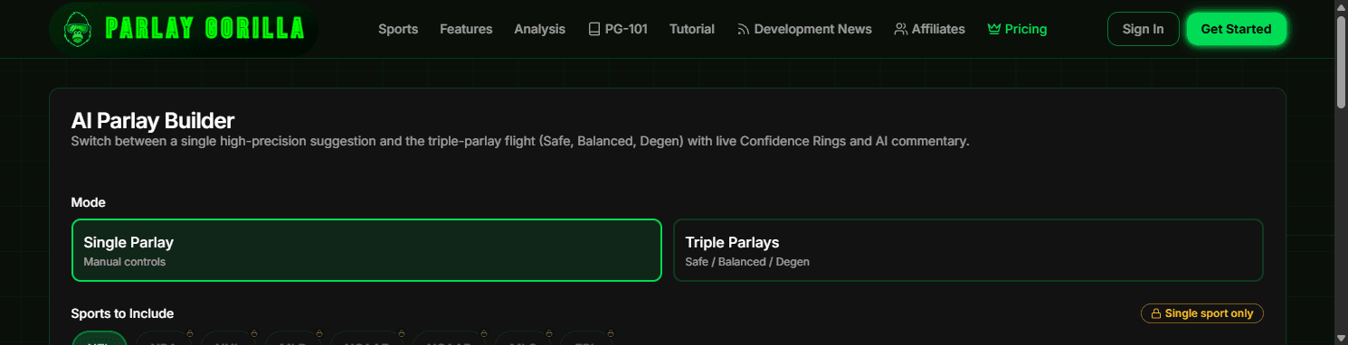 Generated parlay result showing confidence ring, legs list, and AI summary.