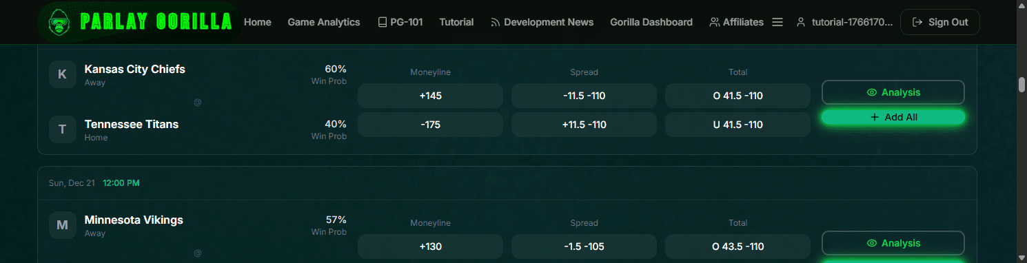 Gorilla Dashboard upcoming games tab with sport tabs and games list.