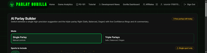Gorilla Parlay Builder controls on mobile.